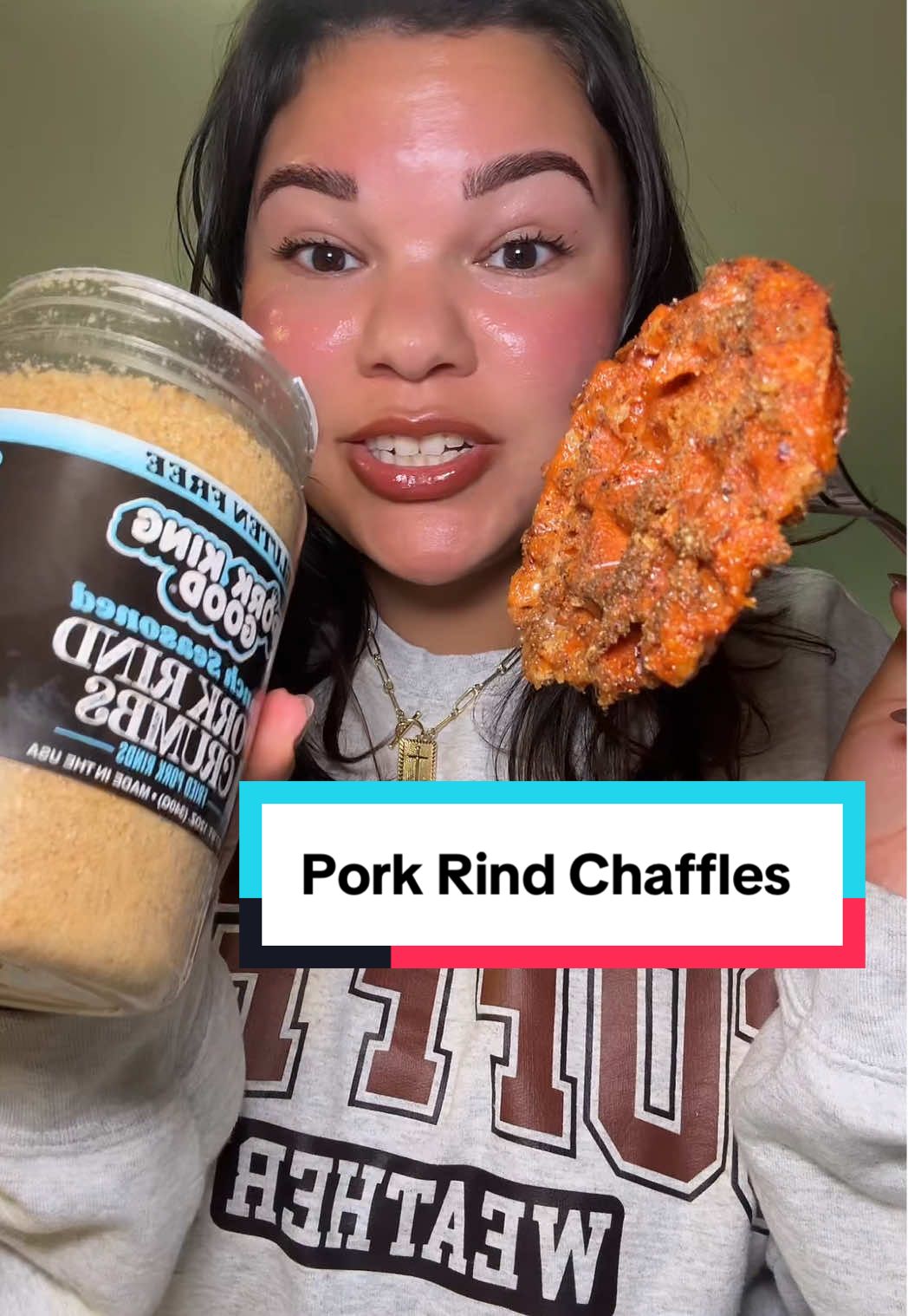 TikTok post by @itsgloriadaily for Pork King Good. Caption reads: These were FIRE 🔥 THE CRUNCH LEVEL is insane....