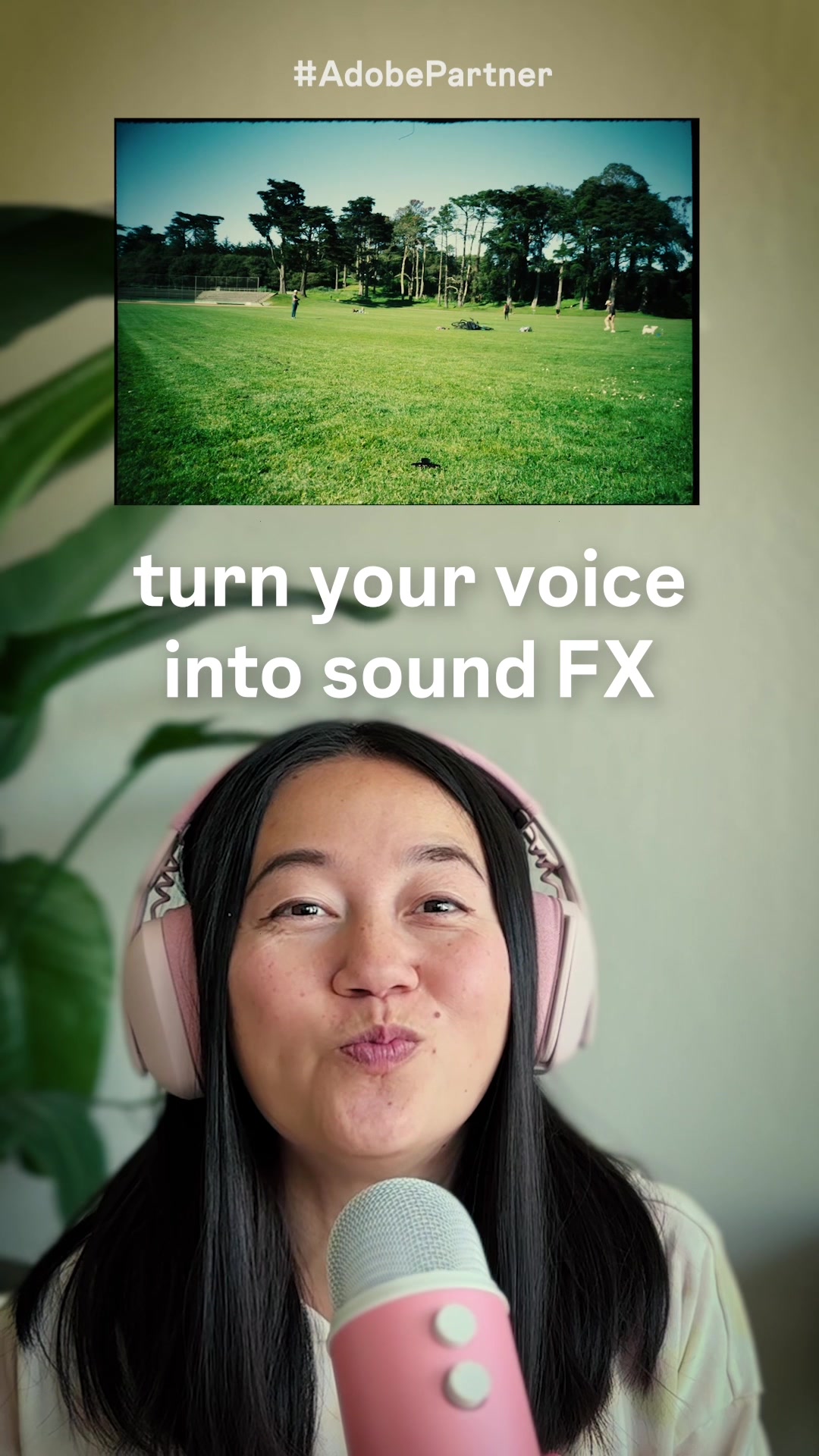 TikTok post by @karenxcheng for Adobe. Caption reads: Make sound effects with your voice w/....