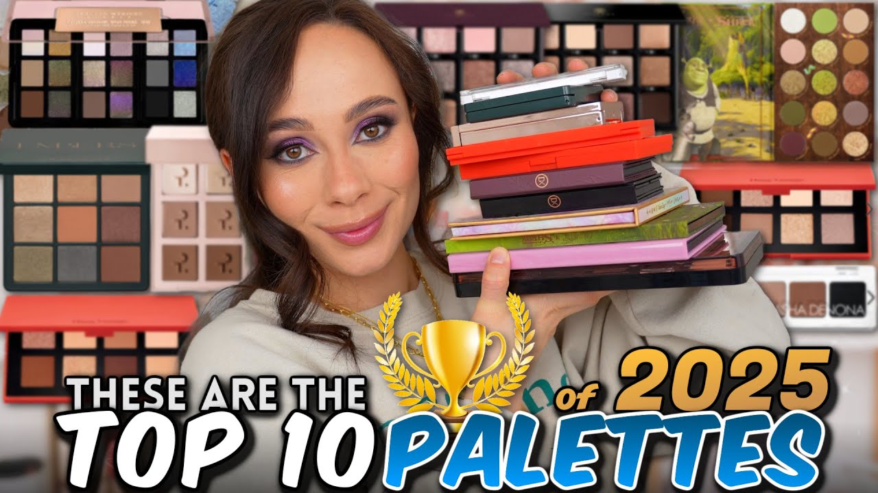 YouTube post by @MorganTurnerMakeup for VEGAMOUR. Caption reads: TOP 10 EYESHADOW PALETTES of 2025.