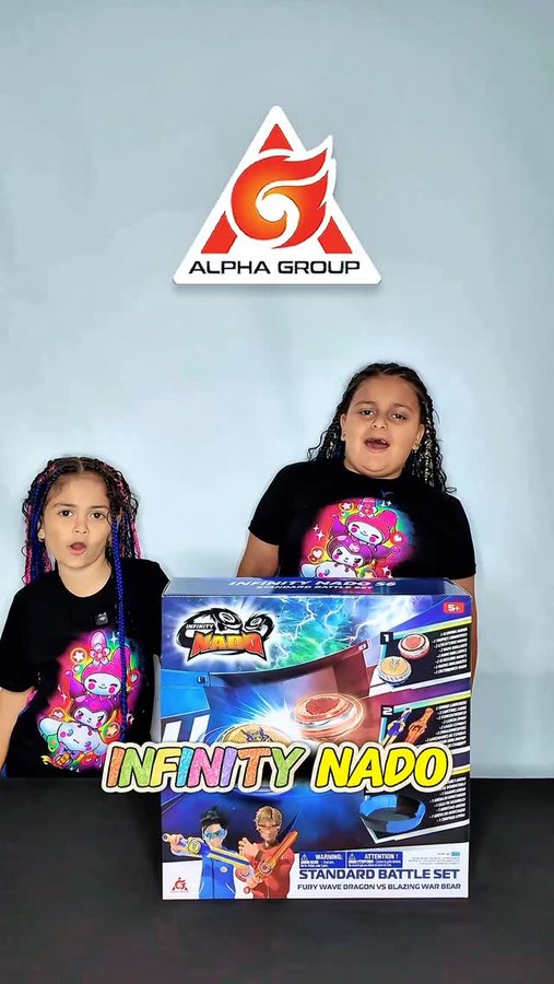 Instagram post by @haileyandbailey_ for Alpha Toys. Caption reads: It’s time for battle with Infinity Nado!....