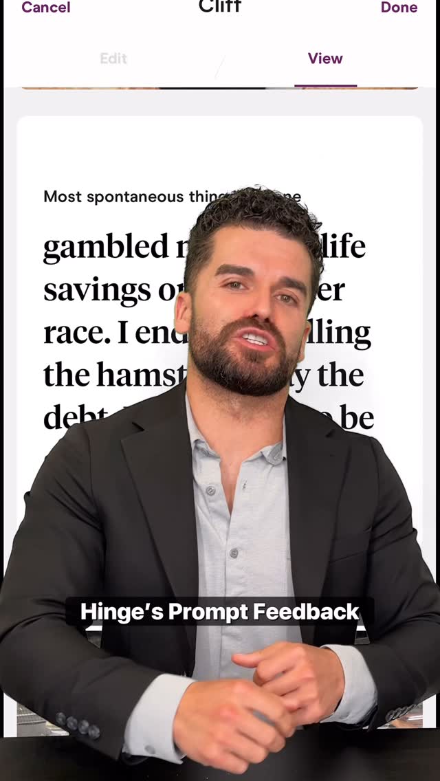 Instagram post by @cliffcisneros for Hinge. Caption reads: When your dating profile needs a full coaching....