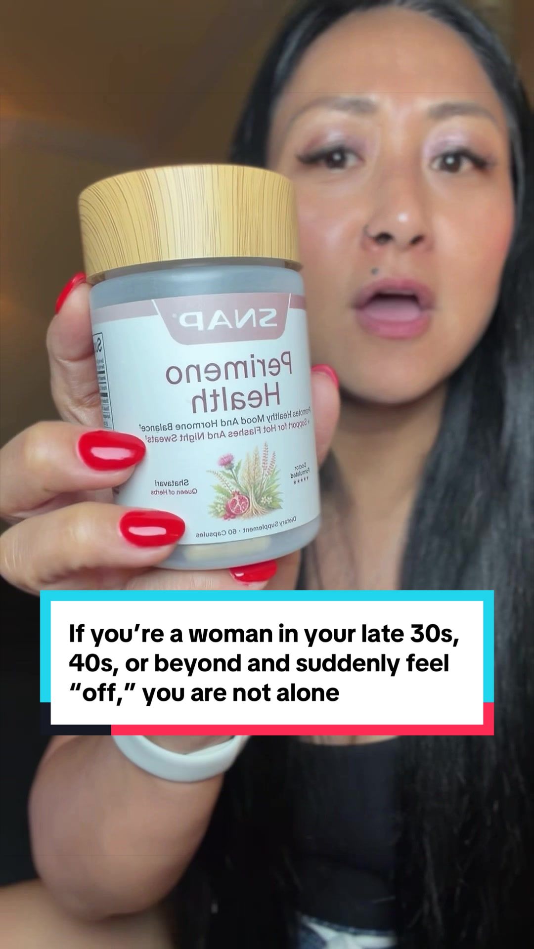 TikTok post by @mindyjreviews for Snap Supplements. Caption reads: #perimenopause #hormonehealth #womenswellness....