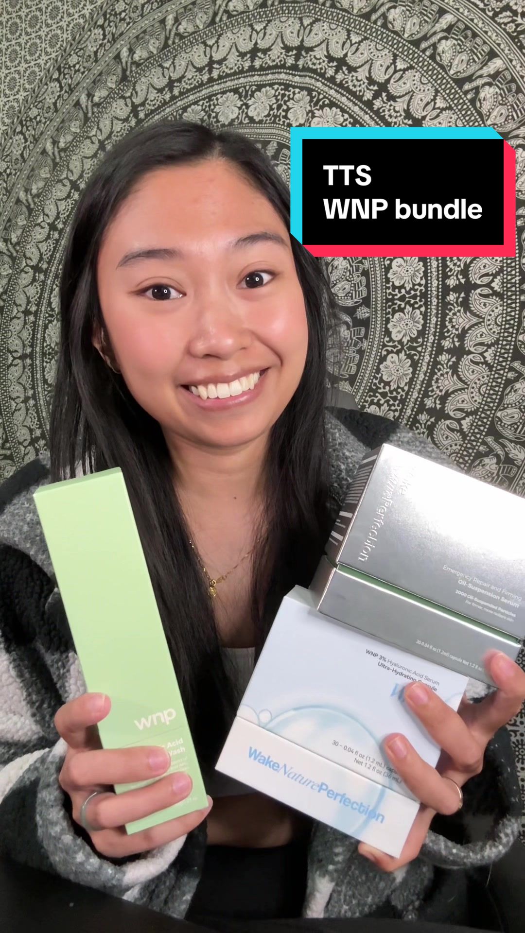 TikTok post by @misspaolasal for WNP. Caption reads: Beauty bundle from @WNP SKINCARE @WNP_global....