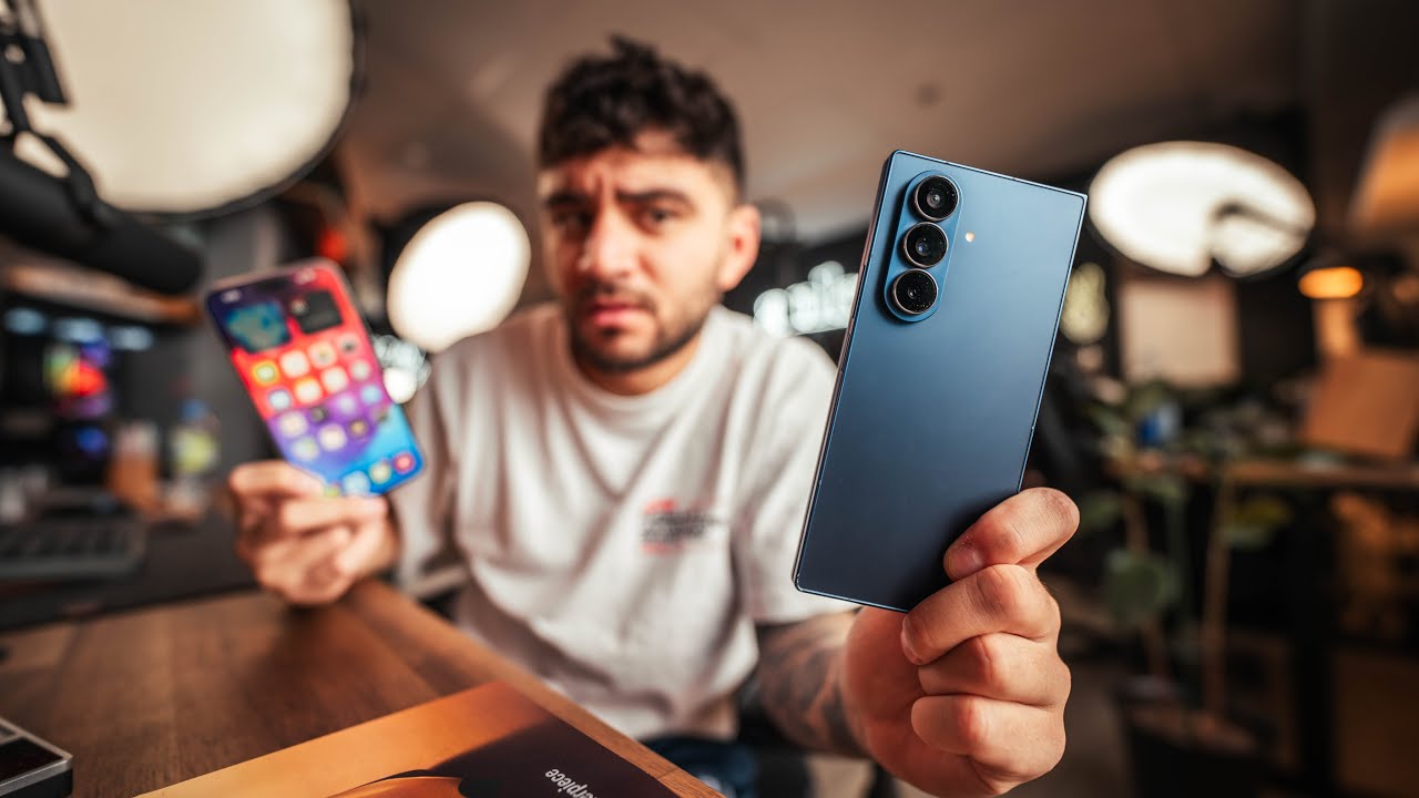 YouTube post by @andresvidoza for Grovemade. Caption reads: From iPhone to the Samsung Z Fold 7 - A 3 year....