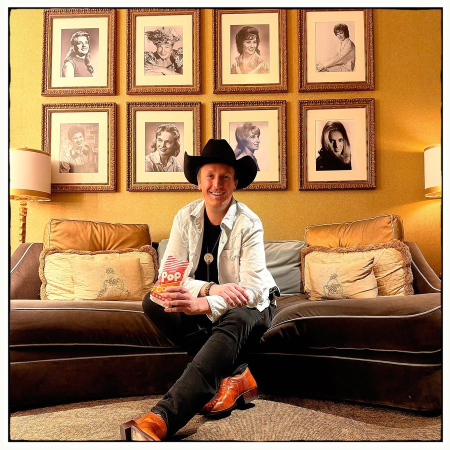 Instagram post by @theedwardjames for Tecovas. Caption reads: @opry Popcorn just hits different. 🍿.