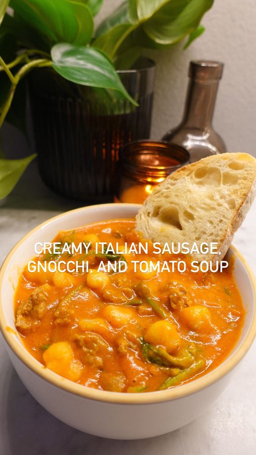 Instagram post by @nutritionbykylie for LACTAID. Caption reads: [...] gnocchi, and tomato soup recipe....