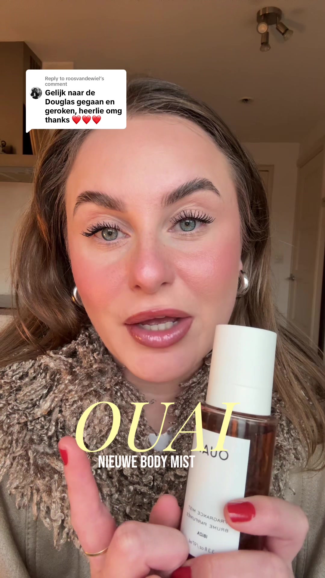 TikTok post by @irishaijemaije for OUAI. Caption reads: [...] mist en blijft ontzettend lang hangen @THE....