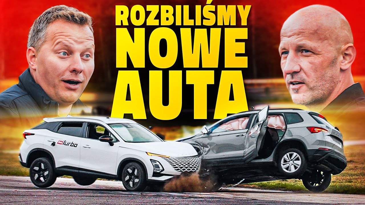 YouTube post by @Kickster for Mubi.pl. Caption reads: We crashed two NEW CARS! The steering wheel in the....