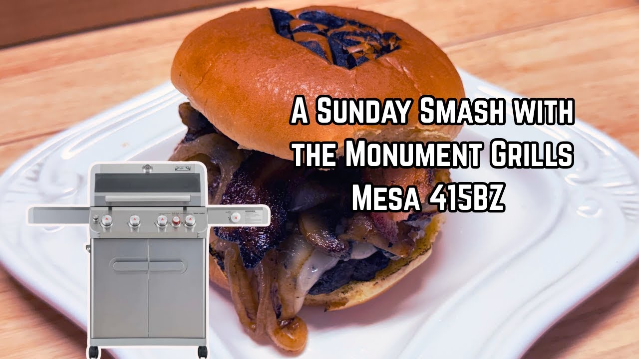 YouTube post by @Rhondascountrykitchen for Monument Grills. Caption reads: 🔥 Smash Burger Sunday on The Monument – Mesa....
