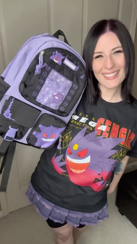 Instagram post by @allycatastrophe for Hot Topic. Caption reads: 😈 BTS Gengar fit! 💜 @hottopic dropped some....