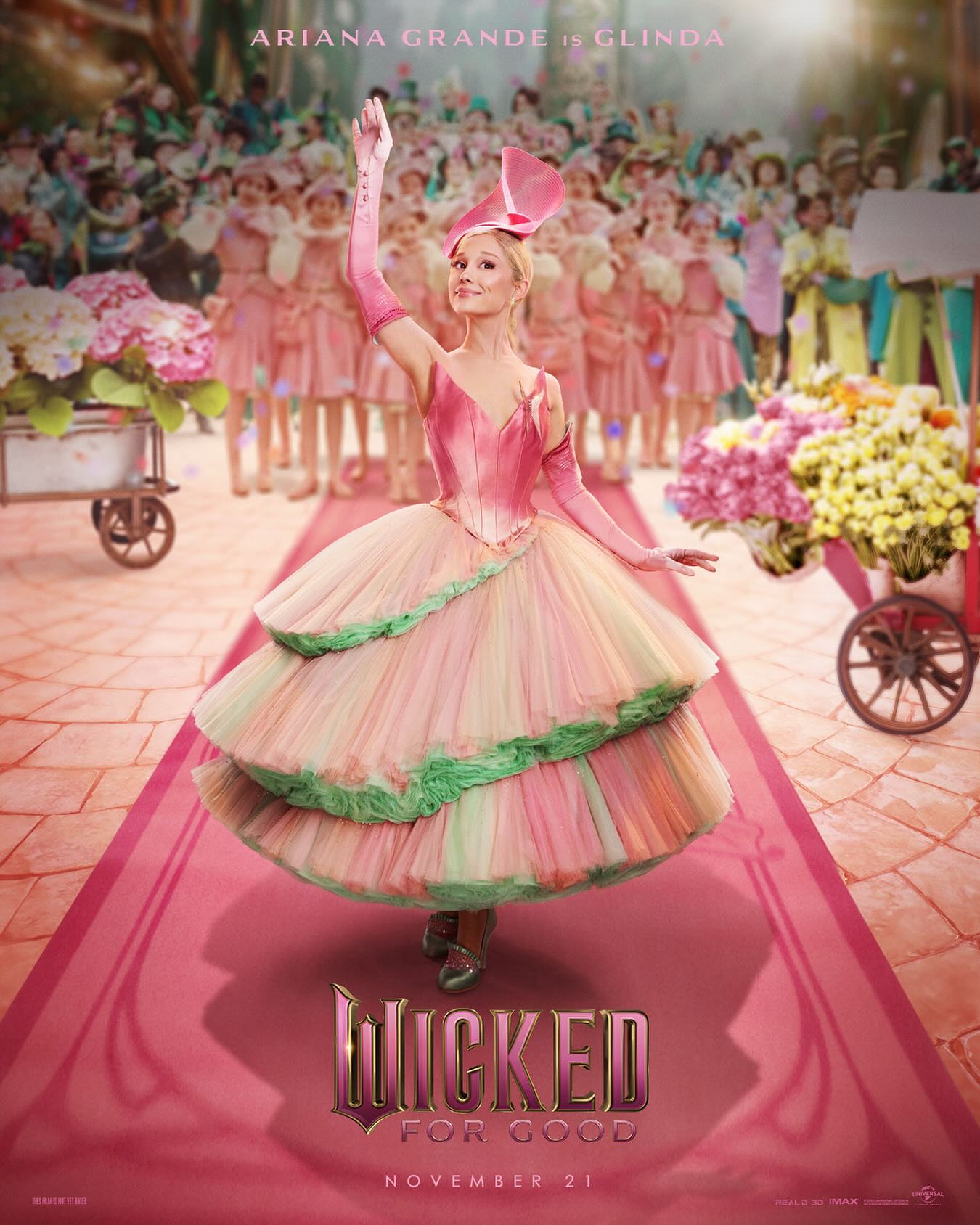 Instagram post by @arianagrande for Universal Pictures. Caption reads: Ariana Grande is Glinda 🩷 #WickedForGood.