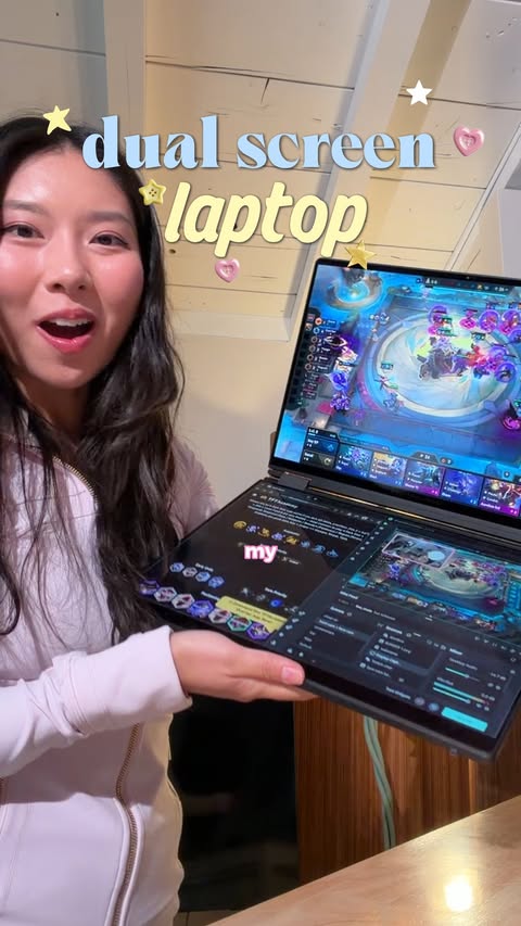Instagram post by @peachietech for Republic of Gamers. Caption reads: ad | having 2 screens on a laptop just makes so....