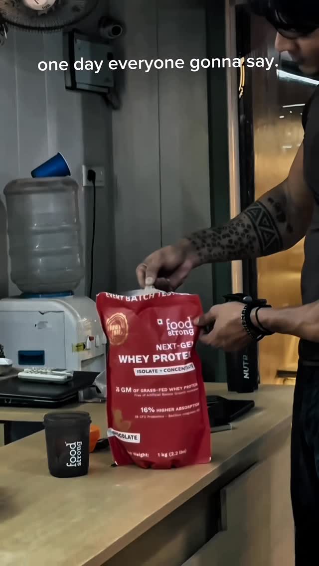 Instagram post by @akshrwt96 for foodstrong. Caption reads: Every scoop, every rep powered by FoodStrong Next....