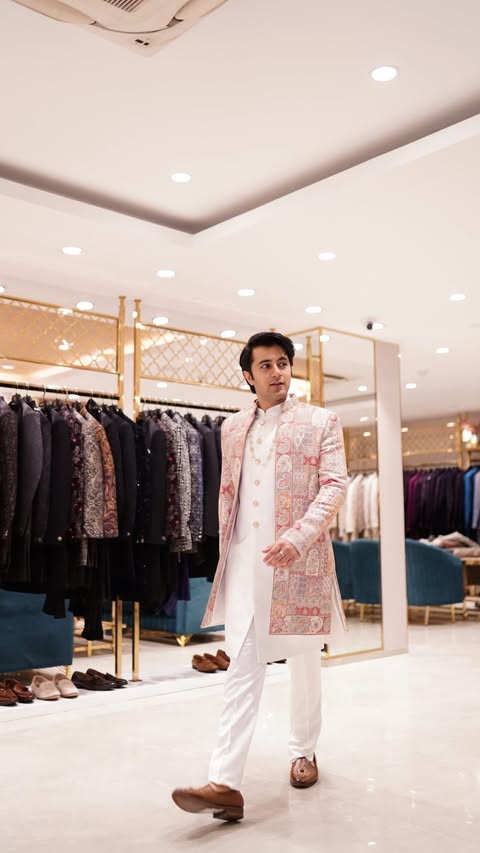 Instagram post by @rishabhchawlaaa for Manyavar. Caption reads: [...] & Vijay’s wedding looks 🥹✨ Visited Manyavar....