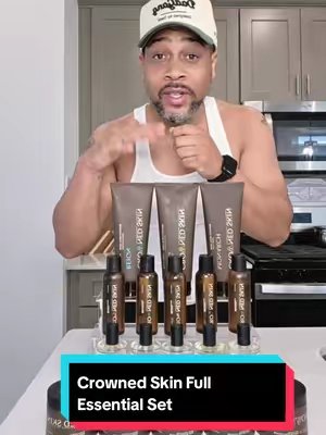 TikTok post by @bigdawgjeff23 for Crowned Skin. Caption reads: Crowned Skin Full Essential Set at a discounted....