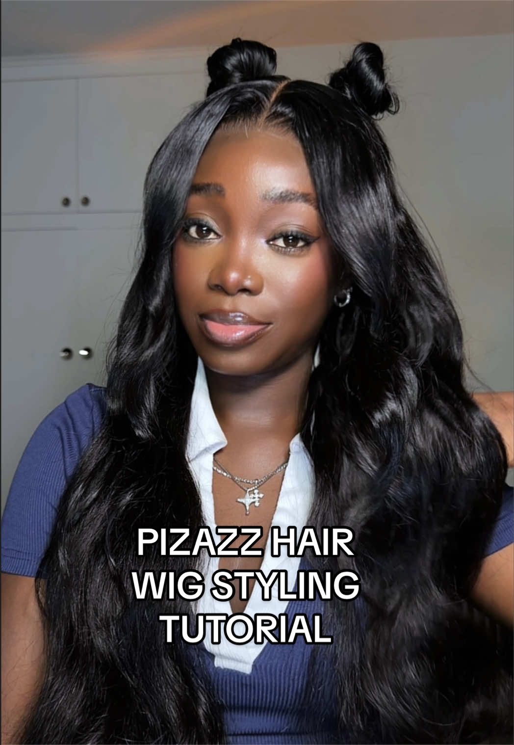 TikTok post by @adebukolashabla for Nadula. Caption reads: Wig styling tutorial. Wig from @Pizazz Hair Shop .....