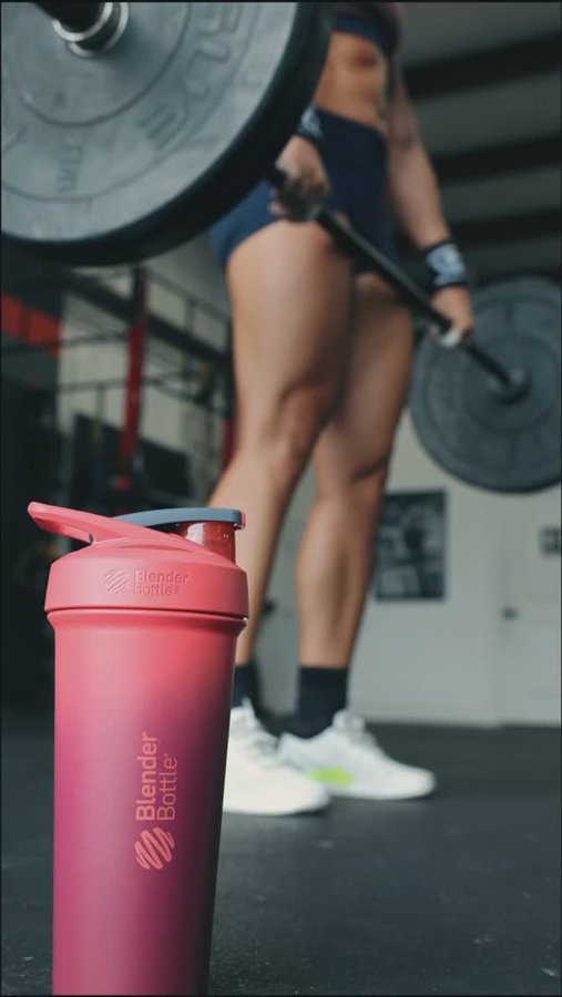 Instagram post by @abbiedomit for BlenderBottle. Caption reads: [...] finishing a workout,....