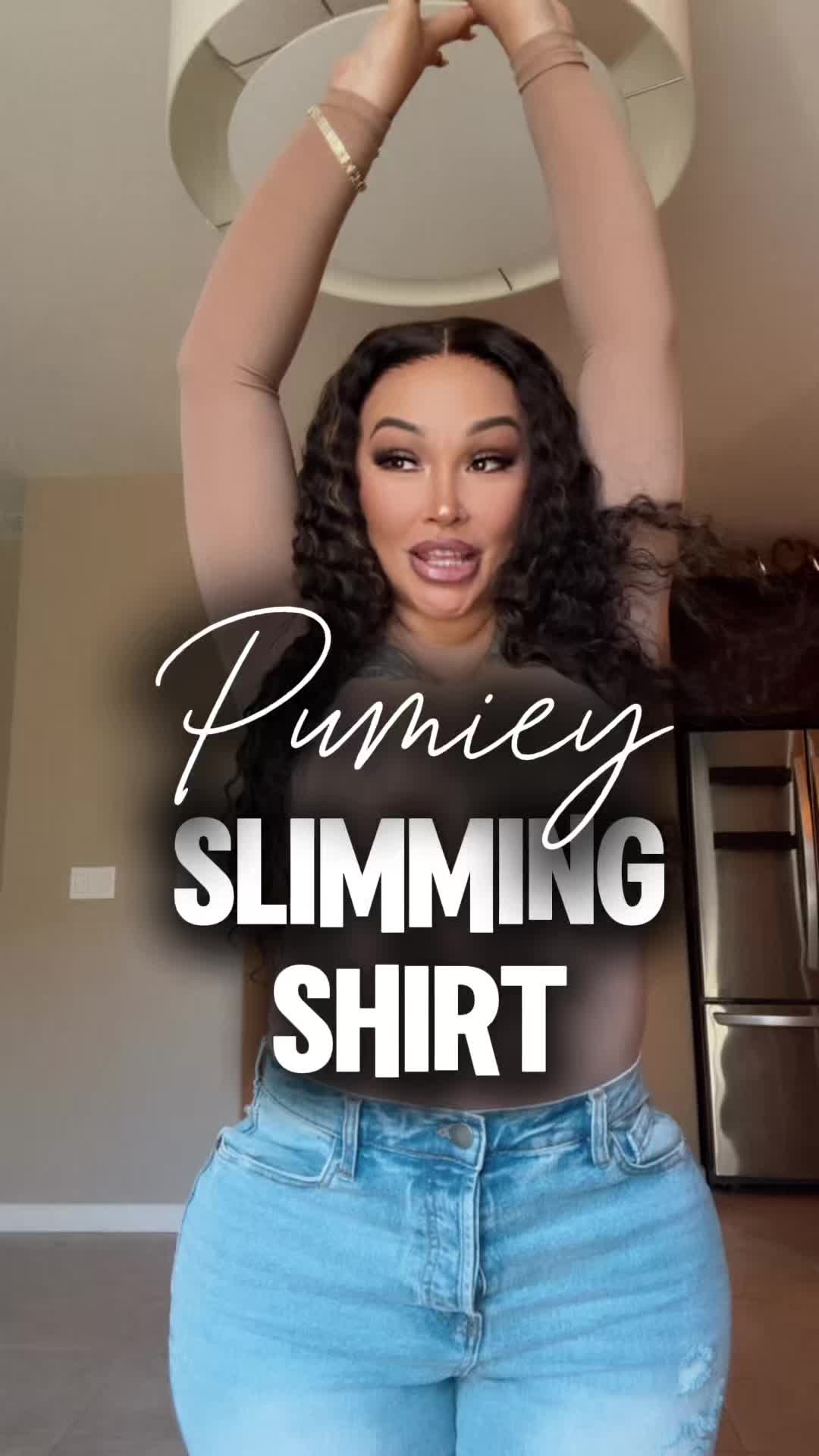 TikTok post by @queenc_707 for PUMIEY. Caption reads: Slimming shirt by Pumiey is 1000/10 top quality!!....