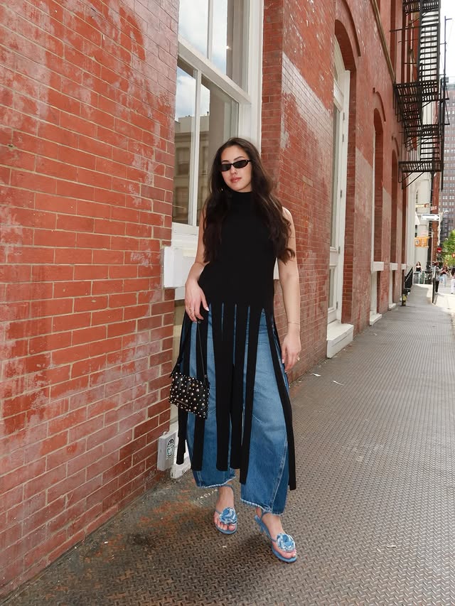 Instagram post by @marinamitrakos for Rent the Runway. Caption reads: on saturdays, we brunch 🖤 fit from @renttherunway....