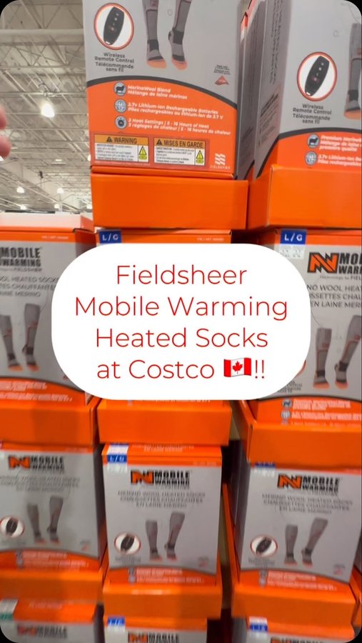 Instagram post by @costcofindscanada for Fieldsheer. Caption reads: 🛒 Mobile Warming by @fieldsheer Heated Sock are....