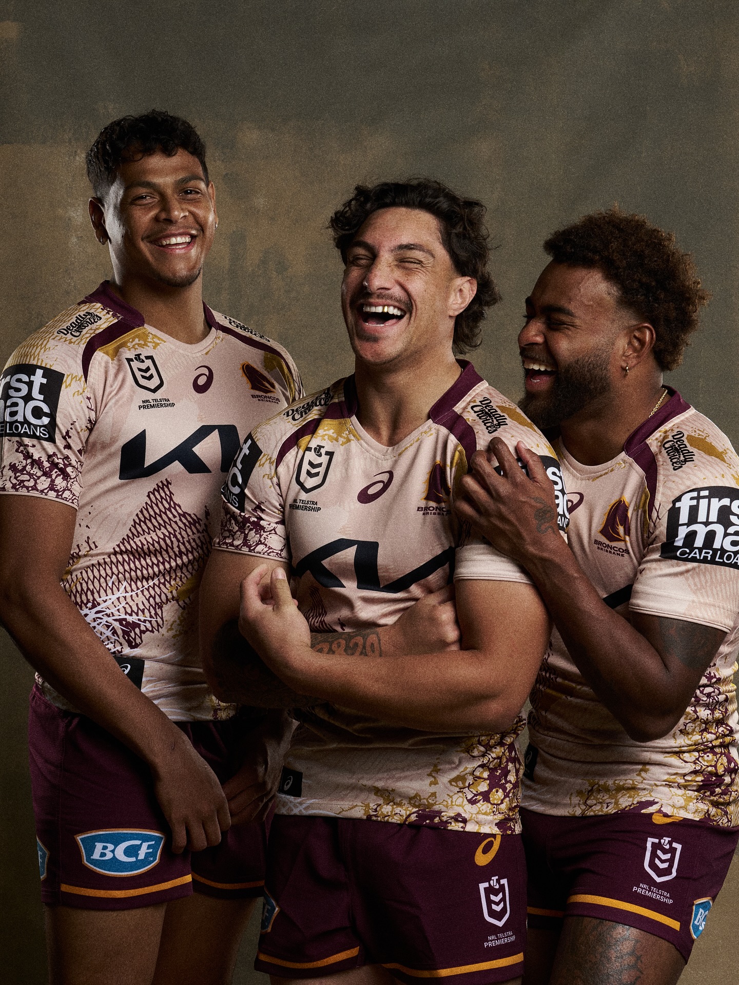 Instagram post by @brisbanebroncos for Asics. Caption reads: ❤️💛🖤💚💙.