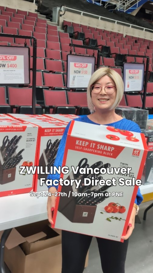 Instagram post by @morokokoko for Zwilling. Caption reads: #AD ✨️ZWILLING Vancouver Factory Direct Sale✨️....