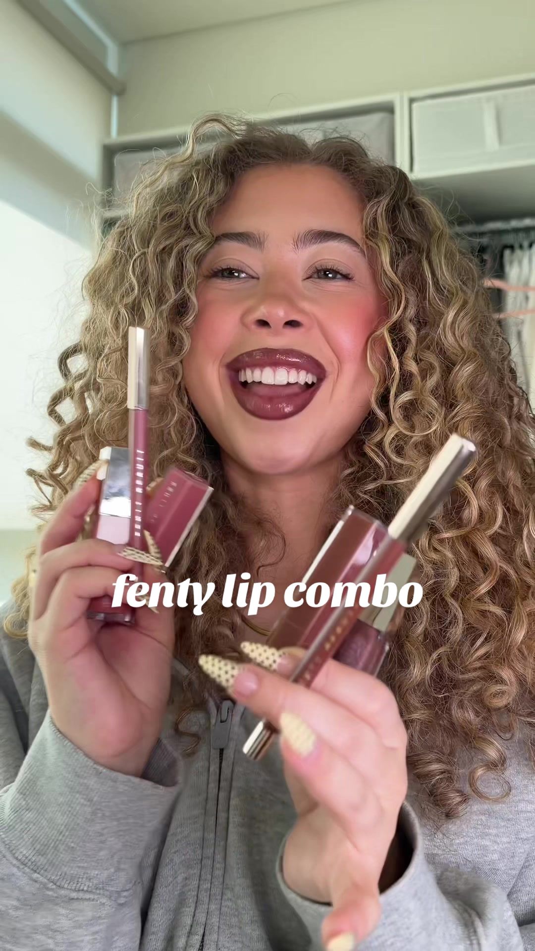 TikTok post by @maliaelaine for Fenty Beauty. Caption reads: [...] cool toned lip combo ✨ rose amber ✨@Fenty....