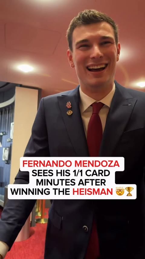 Instagram post by @heismans for Topps. Caption reads: Fernando Mendoza reacts to his 1-of-1 Heisman....