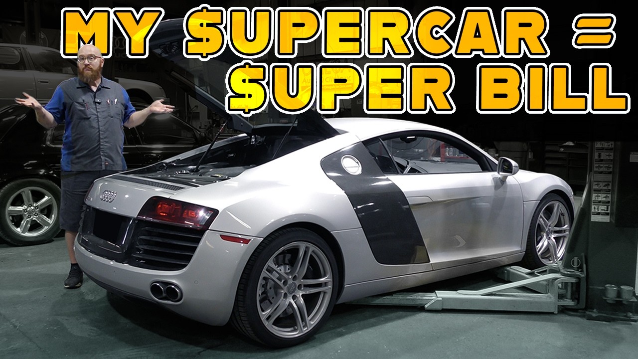 YouTube post by @CarWizard for BendPak. Caption reads: My Dream R8 Supercar? The NIGHTMARE Maintenance....