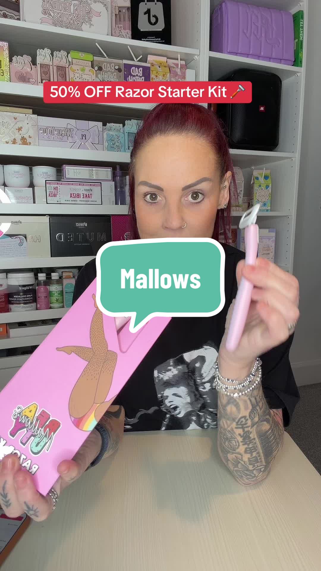 TikTok post by @cherineandcathydoll for Mallows Beauty. Caption reads: This viral razor kit from Mallows Beauty is now....