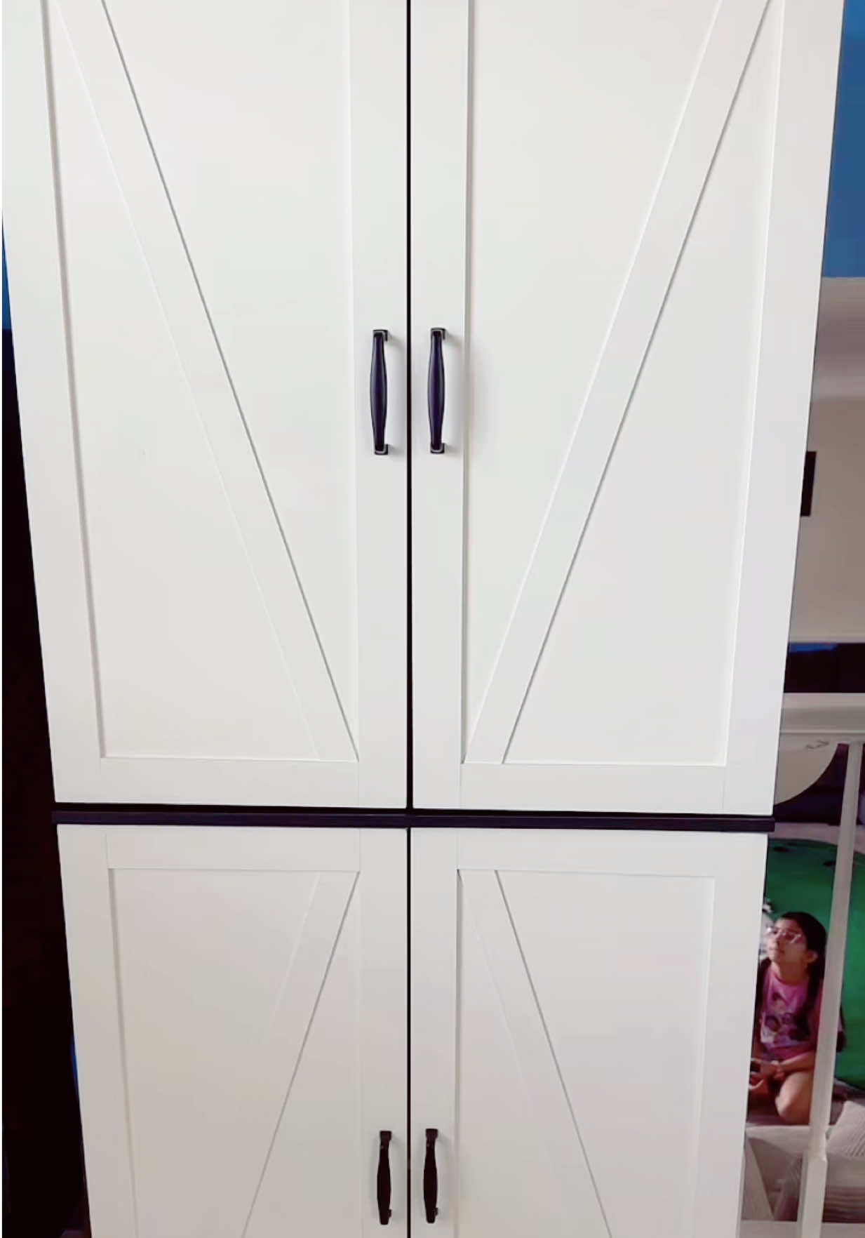 TikTok post by @mayakoirala75 for Walsunny. Caption reads: Walsunny White Floor Storage Cabinet with 4 [...].