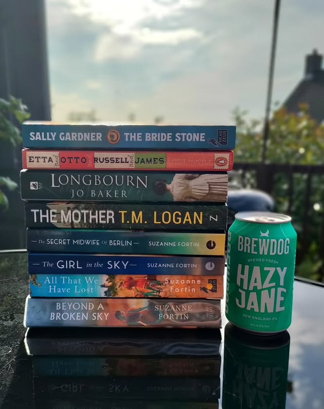Instagram post by @emmas.biblio.treasures for BrewDog. Caption reads: [...] my stack with a refreshing Hazy Jane Brewdog....