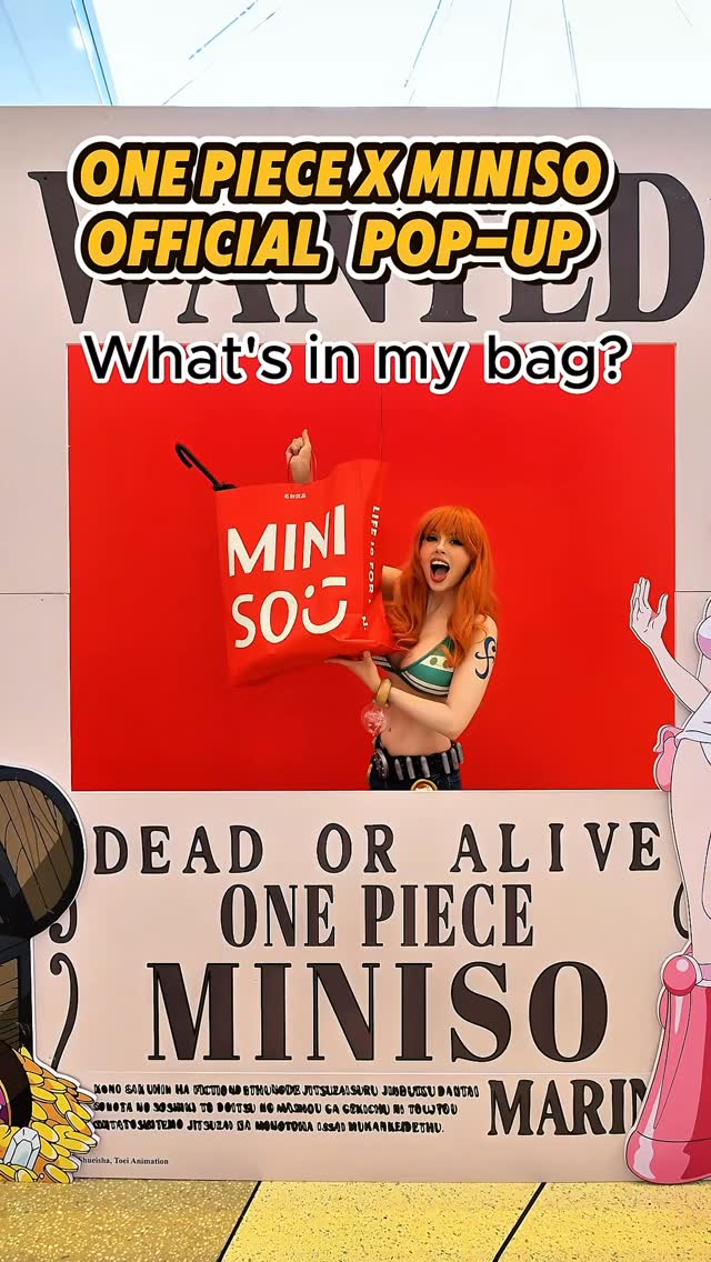 Instagram post by @azulettecosplay for MINISO. Caption reads: 🎒 What’s in my MINISO x ONE PIECE bag? Let’s....