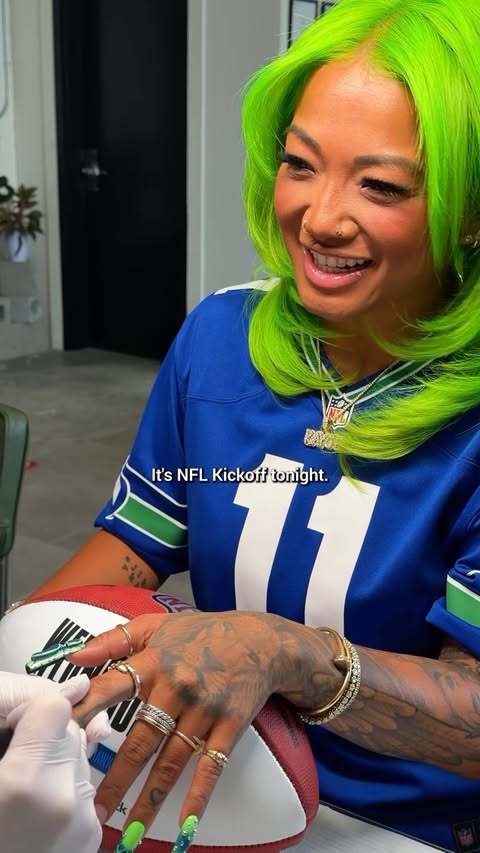 Instagram post by @blitztheseahawk for NBC Entertainment. Caption reads: #NBCSportsPartner Nails ✅ NFL Kickoﬀ ball in....