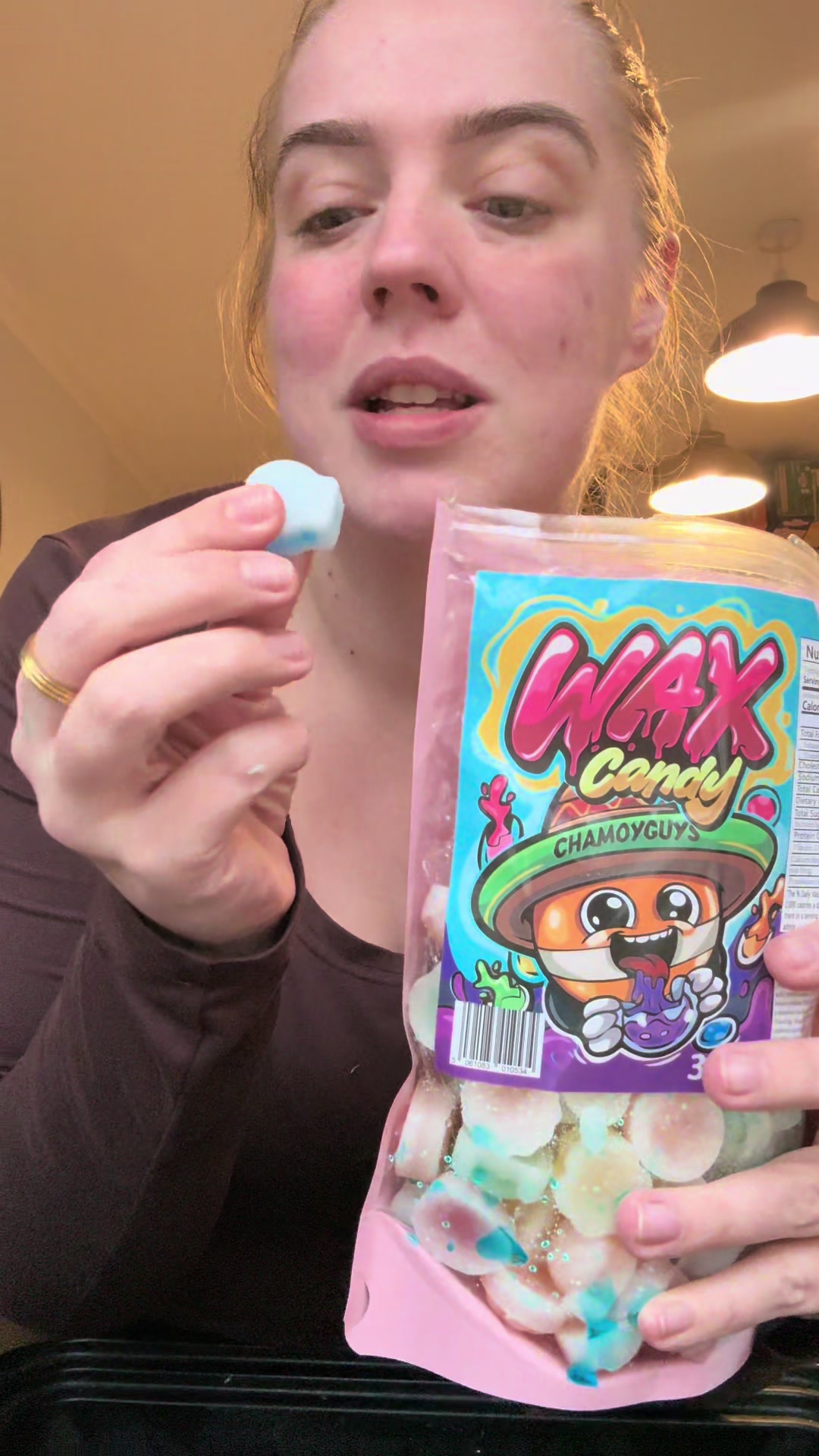 TikTok post by @beckygreen2503 for ChamoyGuysUK. Caption reads: @ChamoyGuysUK viral wax candy! You need to try....