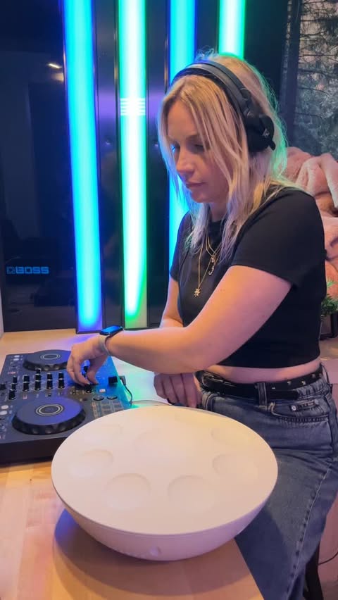 Instagram post by @sheplaysdrumsofficial for Roland. Caption reads: So much fun to be back at roland trying out new....