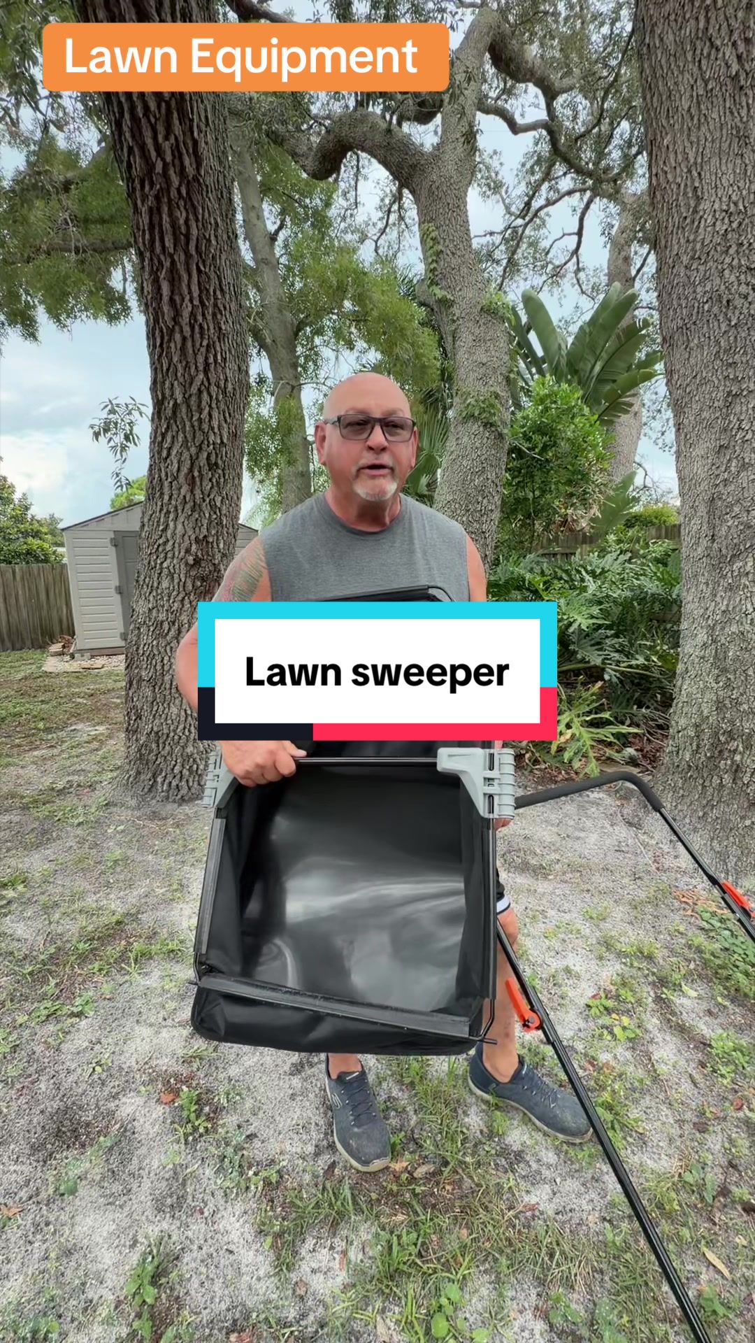 TikTok post by @teresamantomurray for VEVOR US. Caption reads: Summerfinds VEVOR 21-Inch Push Lawn Sweeper Leaf &....