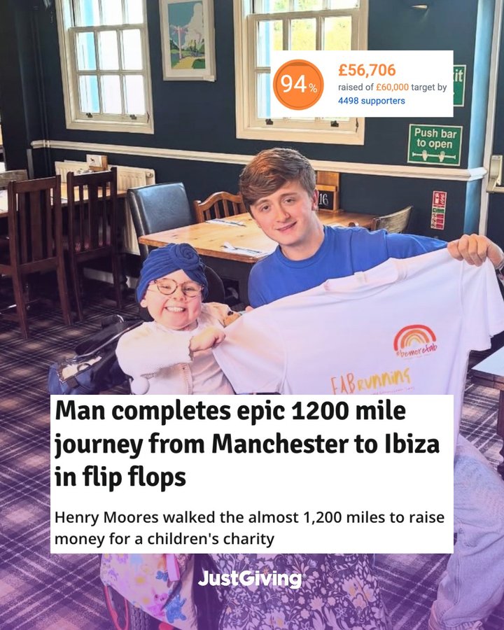 Instagram post by @bemorefab__ for JustGiving. Caption reads: What a legend! 🙌

1200 miles. Several pairs of....