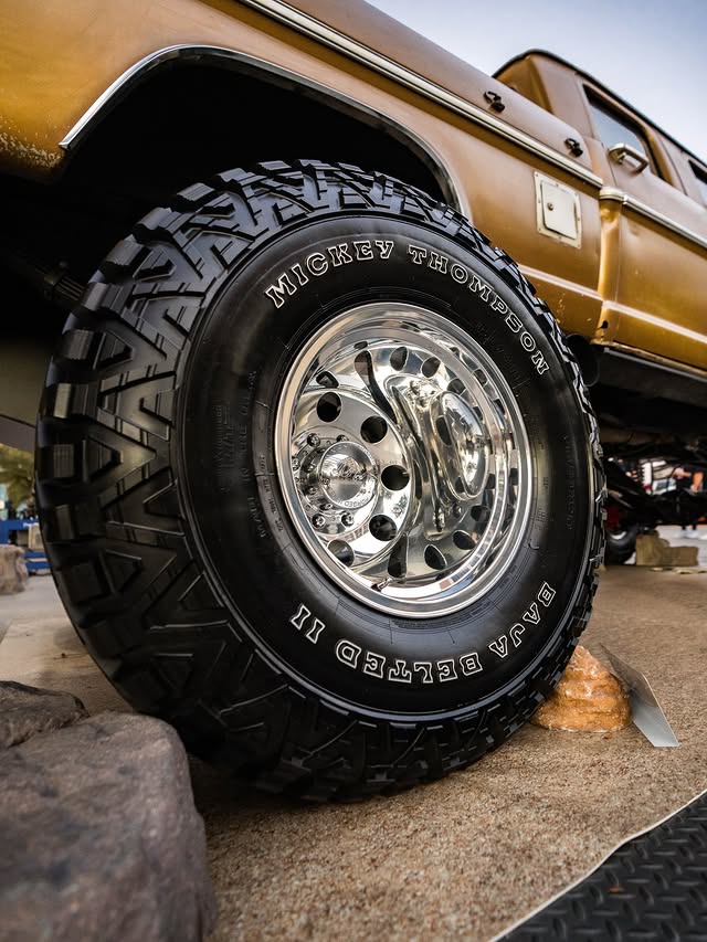 Instagram post by @solomonlunger for MickeyThompsonTires. Caption reads: Old paint. New stance.

Specs on Gold Dust:
1970....