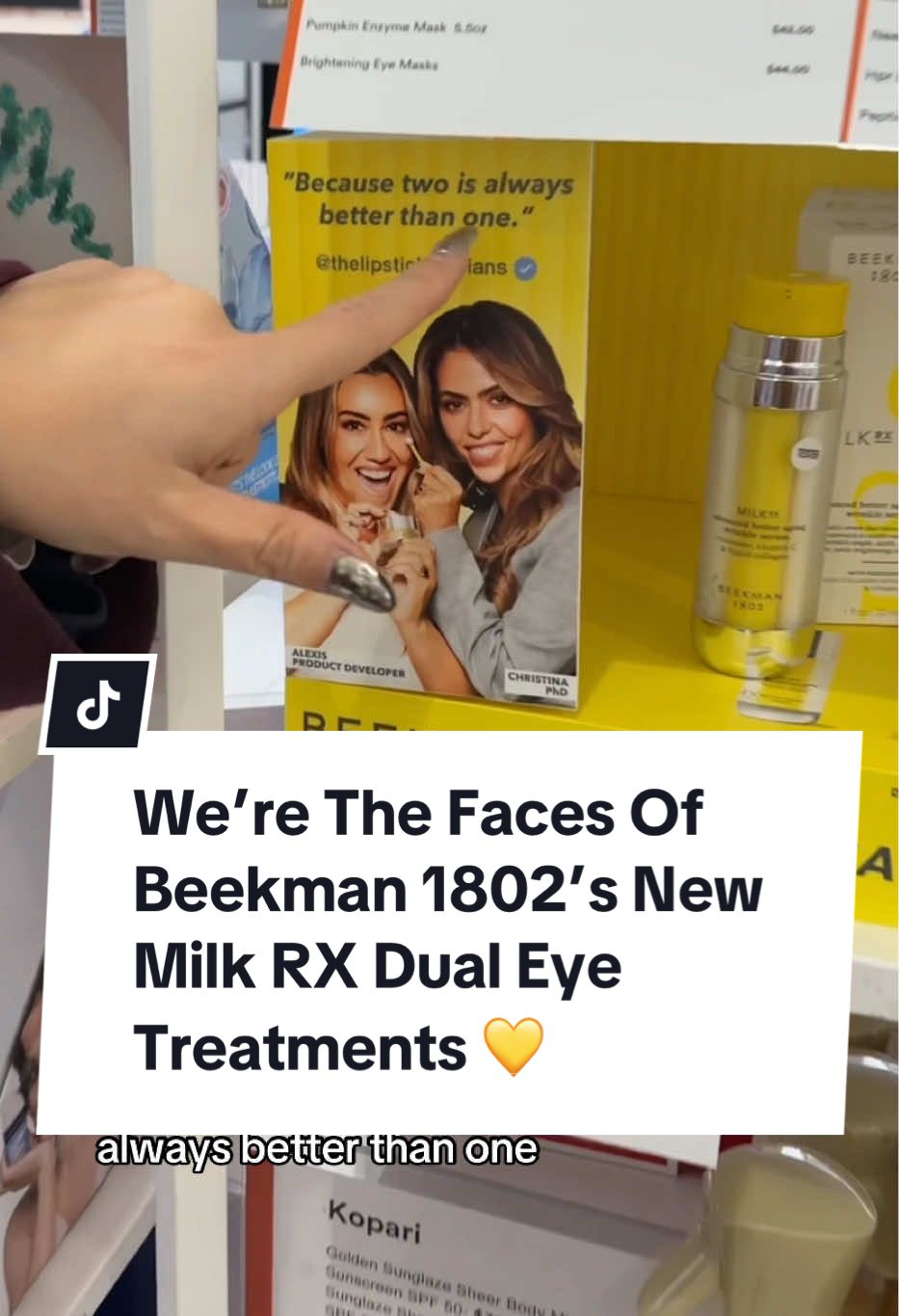 TikTok post by @thelipsticklesbians for Beekman 1802. Caption reads: #beekman1802partner THIS IS HUGE!! Beauty queens,....