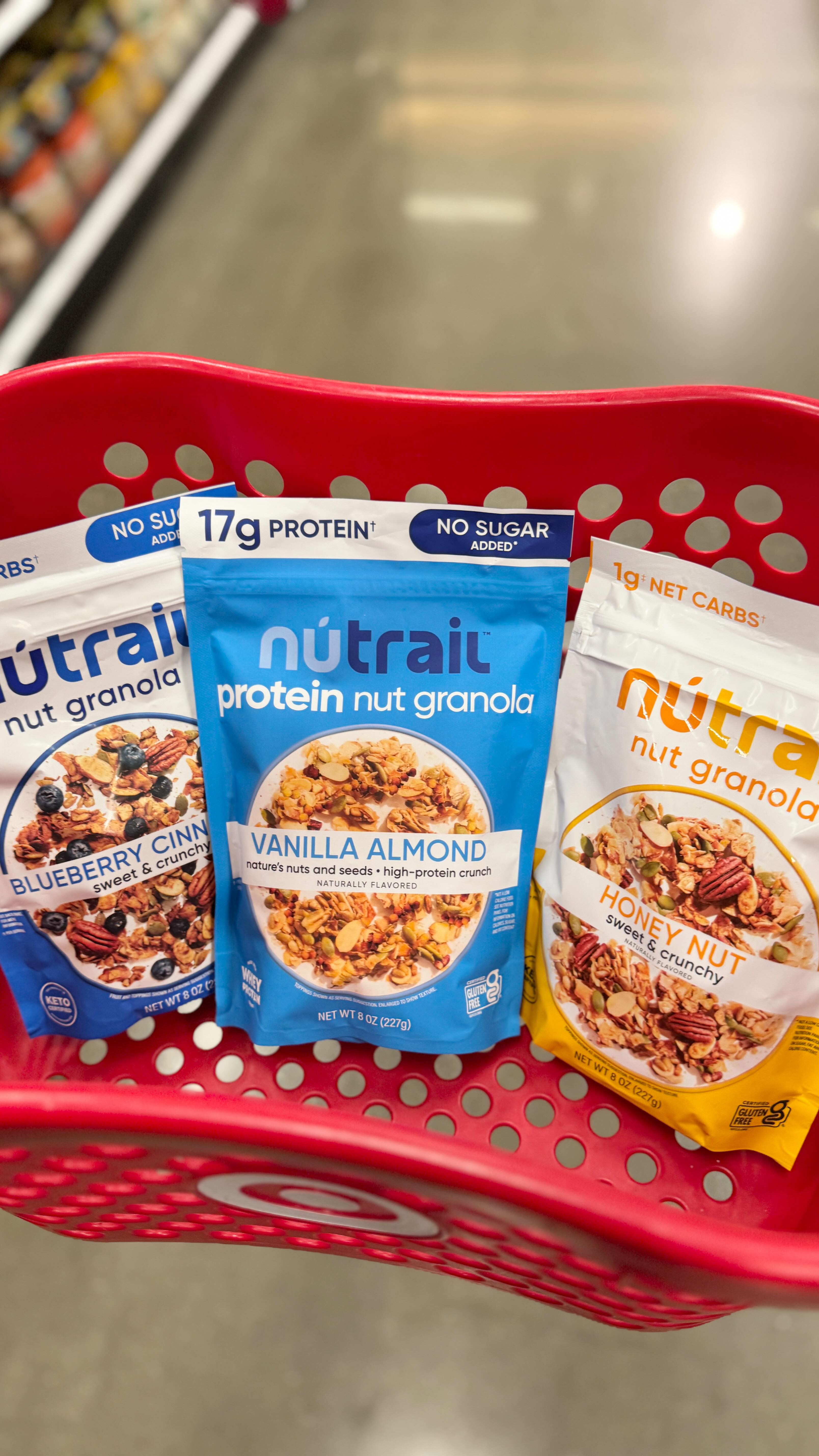 Instagram post by @targetfanatic for nūtrail. Caption reads: #ad Big news, snack lovers! @NuTrail granola just....