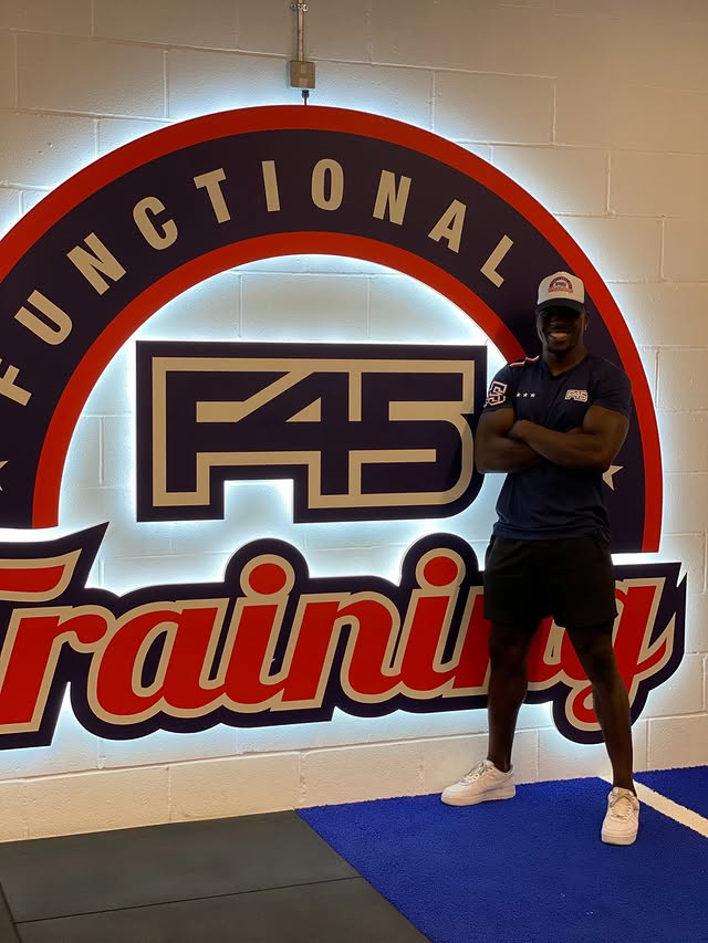 Instagram post by @rilwan_anibaba for F45 Training. Caption reads: F45 celebrates its 14th year tomorrow!! 🥳....