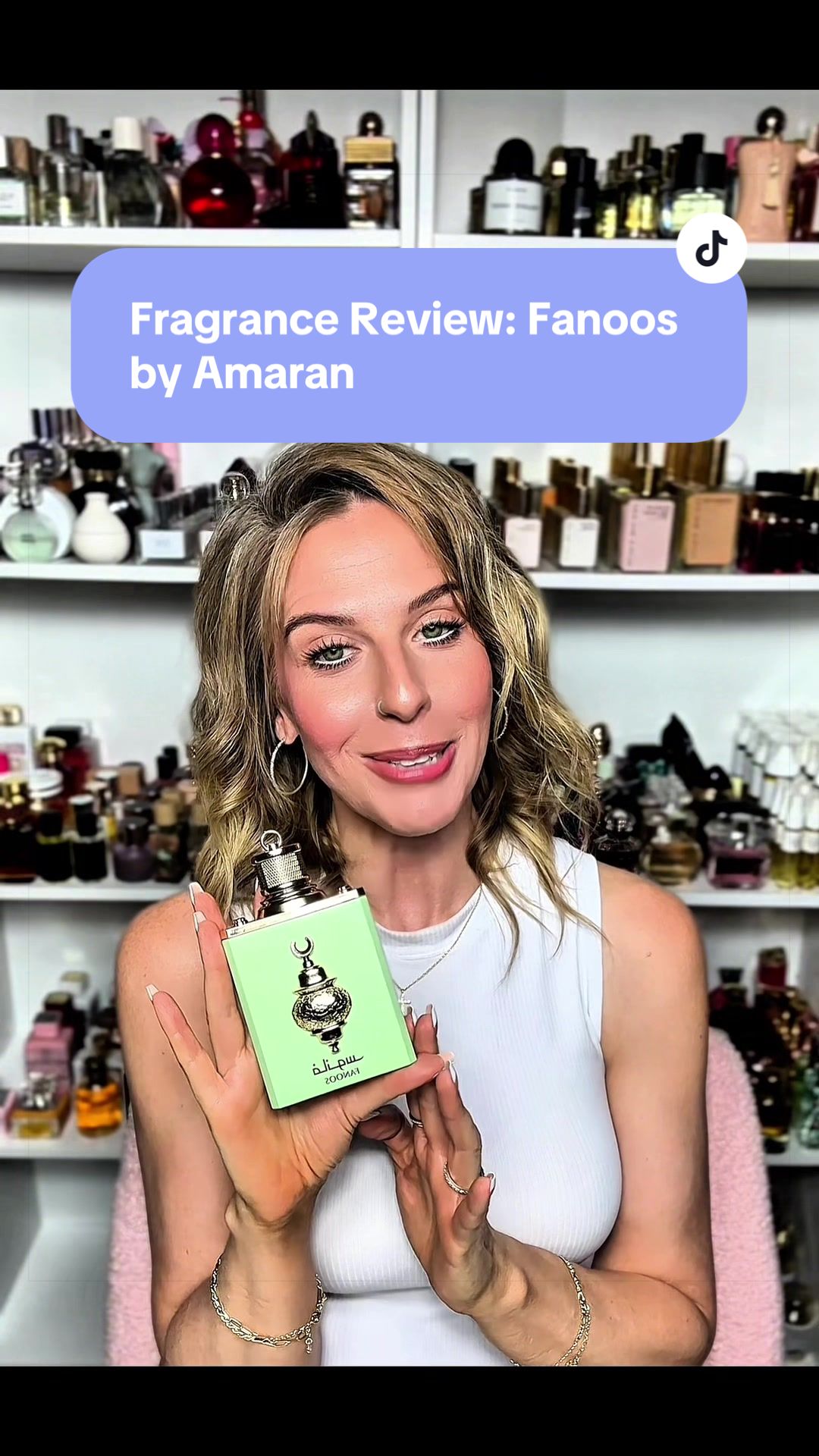 TikTok post by @tara.s.perfume for OudLash. Caption reads: Fragrance Review: Fanoos by Amaran @Oudlash....