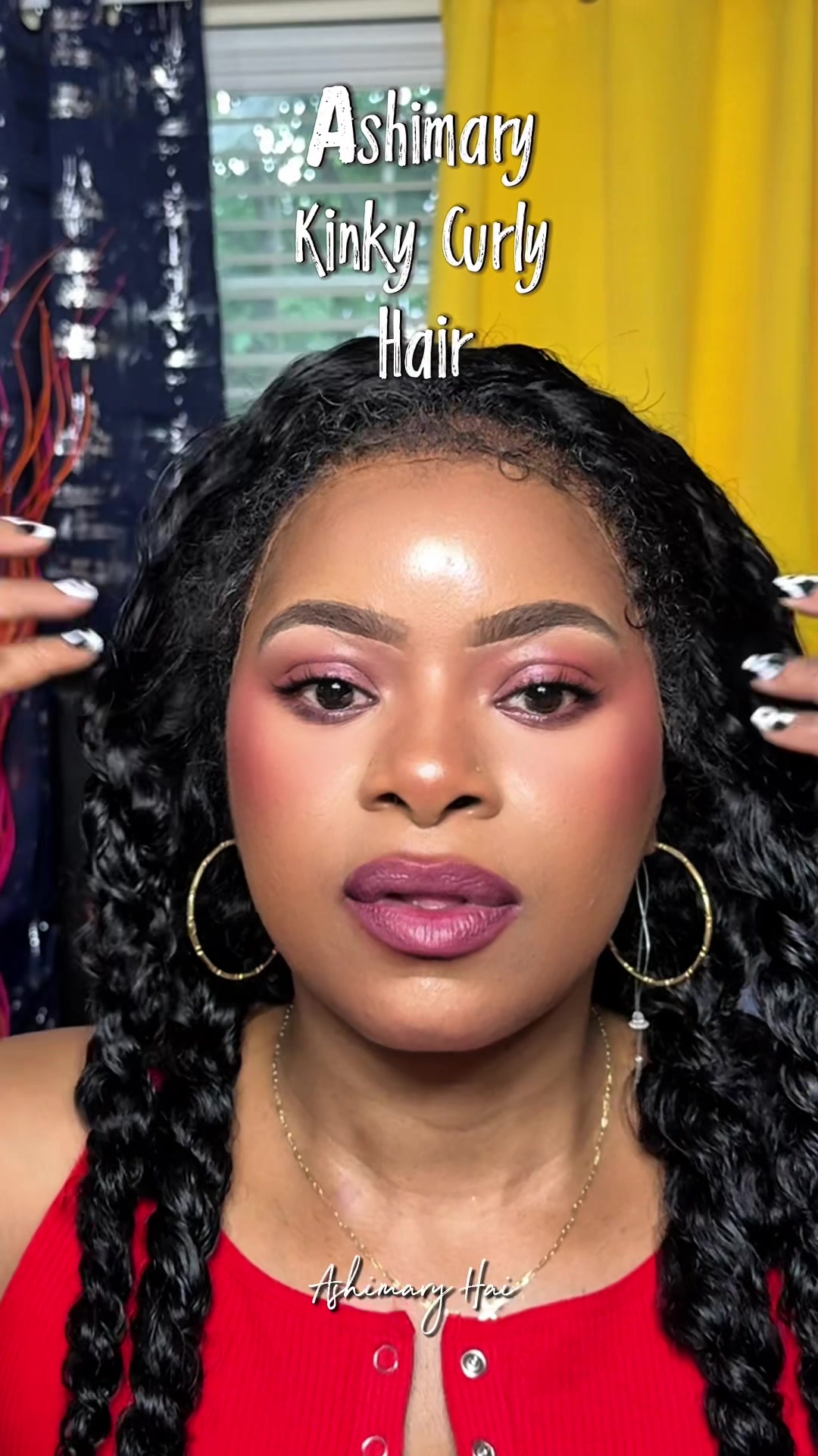 TikTok post by @venusdolls1 for Ashimary Hair. Caption reads: [...] This kinky curly glueless unit from Ashimary....