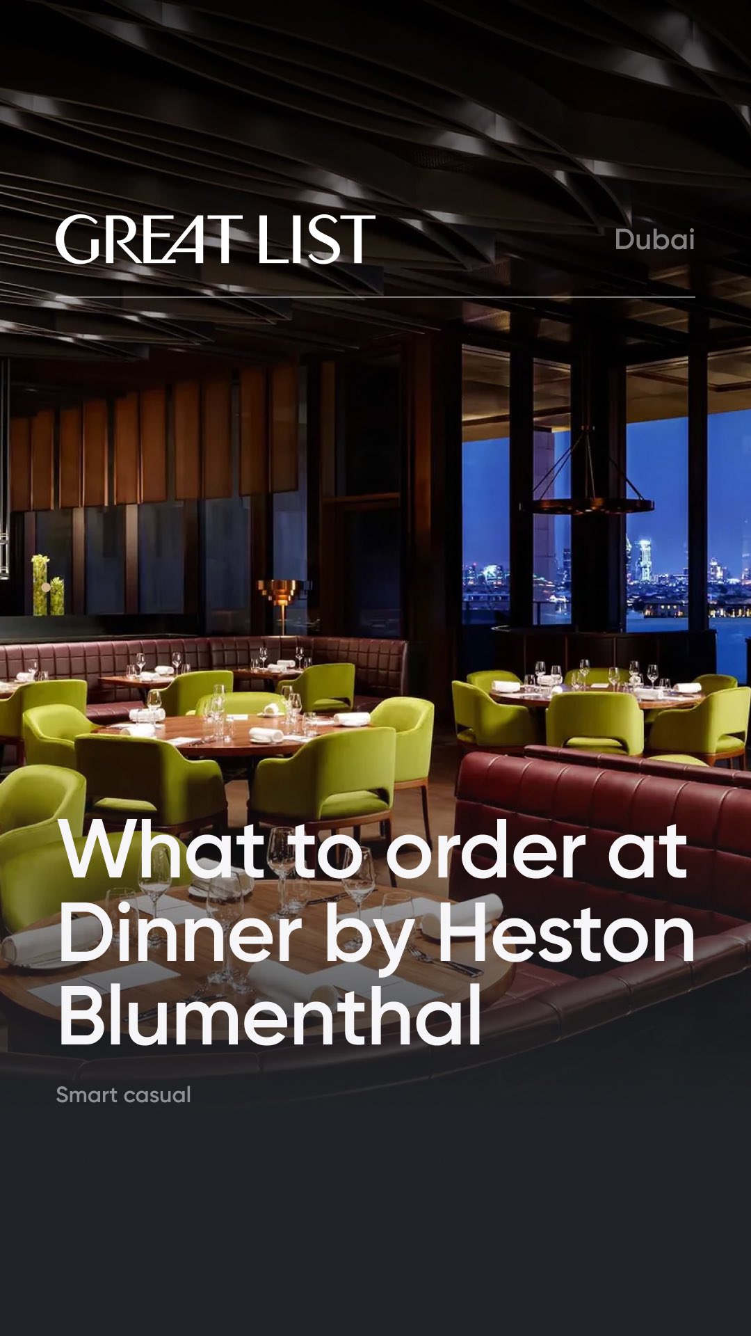 Instagram post by @greatlistguide for Visit Dubai. Caption reads: Visiting Dinner by Heston Blumenthal, opened in....