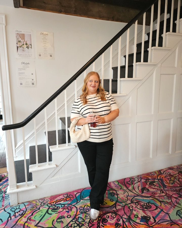 Instagram post by @afischer91 for Universal Standard. Caption reads: Monochrome Magic 🖤🩶🤍
.
.
@universalstandard 's....