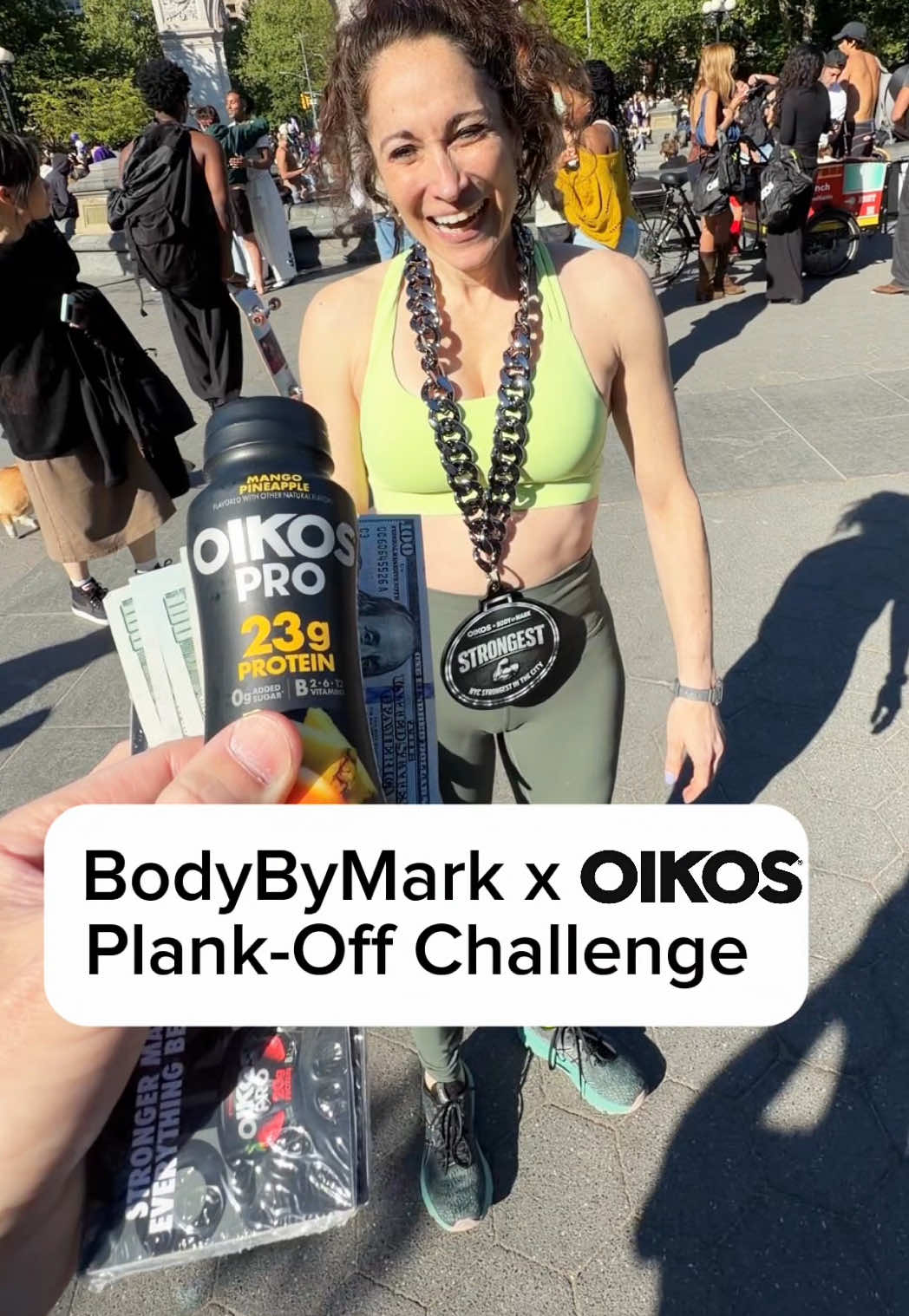 TikTok post by @bodybymark for Oikos Venezuela. Caption reads: #OIKOSPartner Offering $500 for the longest plank....