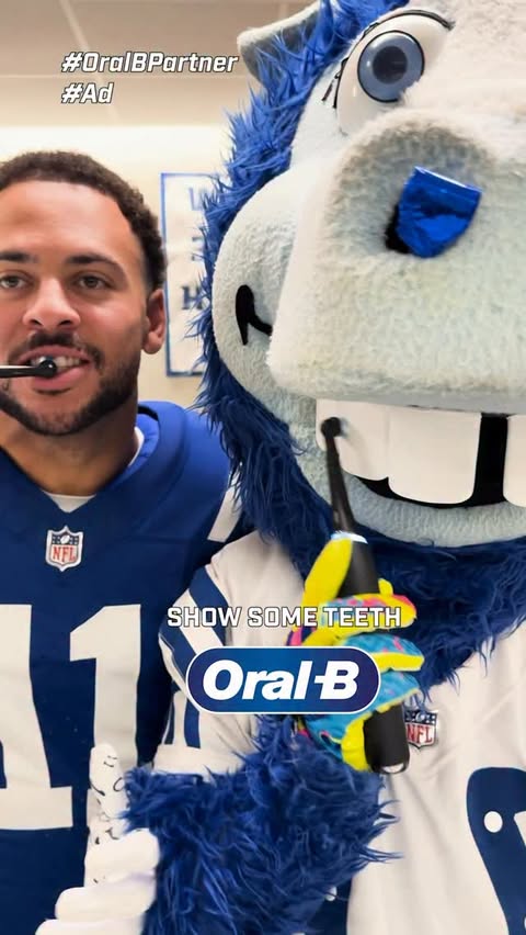 Instagram post by @bluecoltsmascot for Oral-B. Caption reads: SHOW SOME TEETH
.
.
#Ad #OralBPartner.