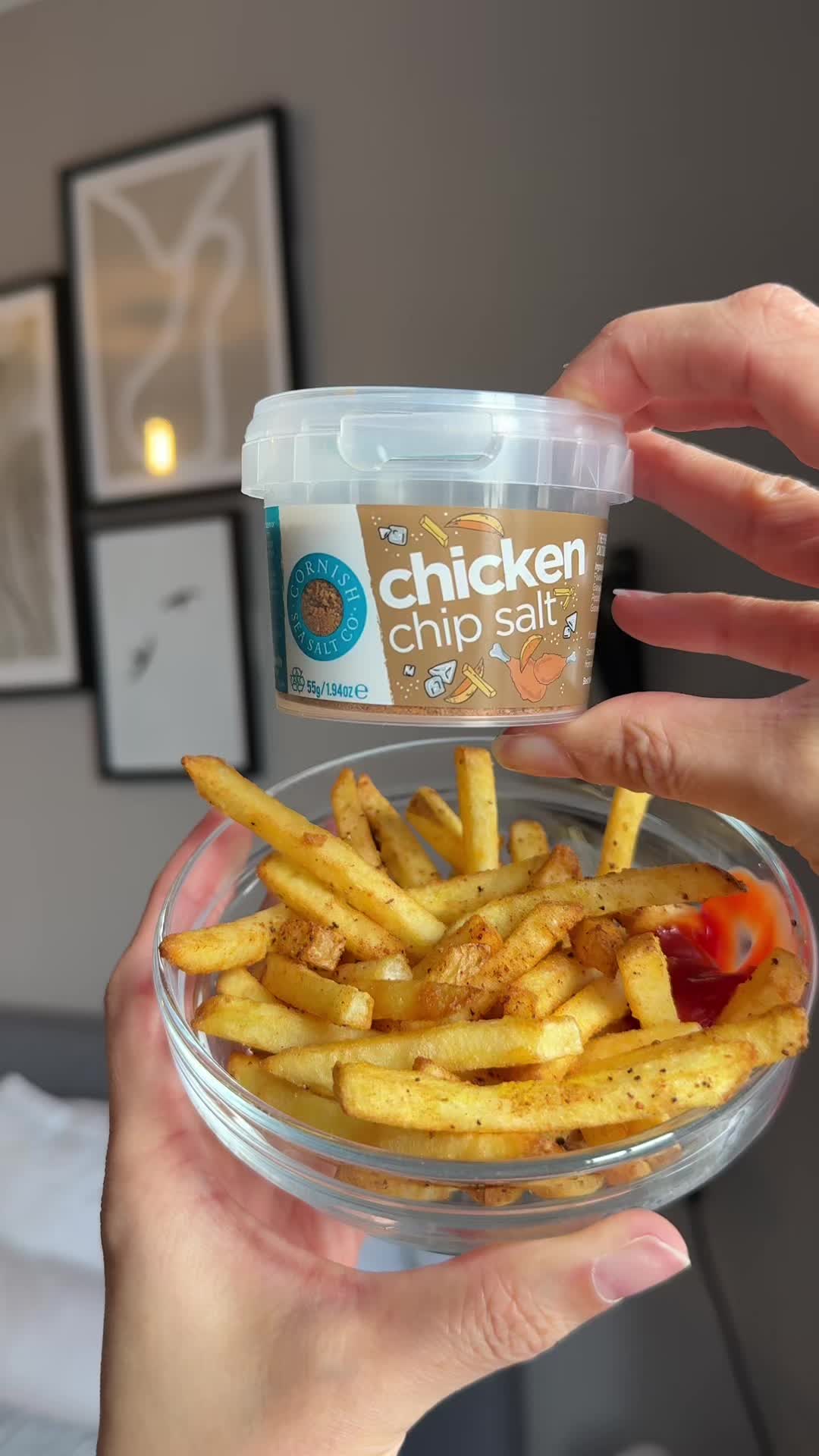 TikTok post by @violet.hollow for Cornish Sea Salt. Caption reads: 🐔 Perfect fakeaway chippies 🍟 @Cornish Sea Salt....