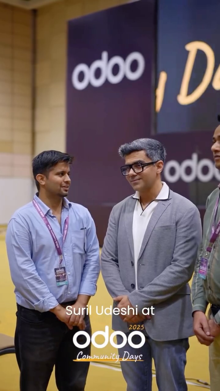 Instagram post by @suril7 for Odoo. Caption reads: From demos to discussions—Day 1 at @odoo.official....